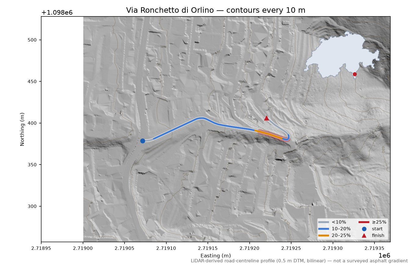 Via Ronchetto di Orlino LiDAR hillshade map with contours