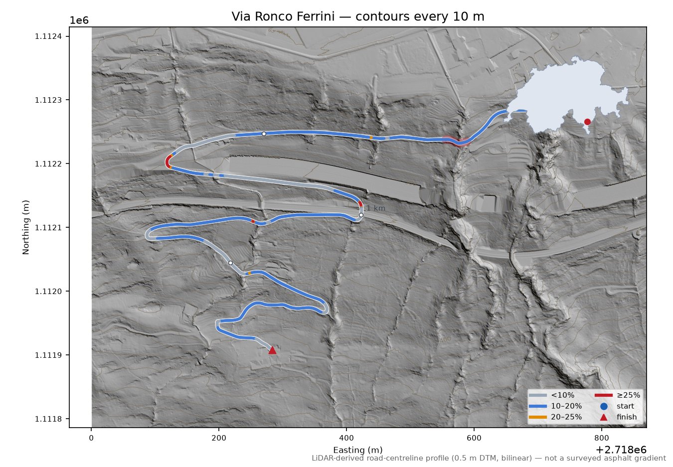Via Ronco Ferrini LiDAR hillshade map with contours