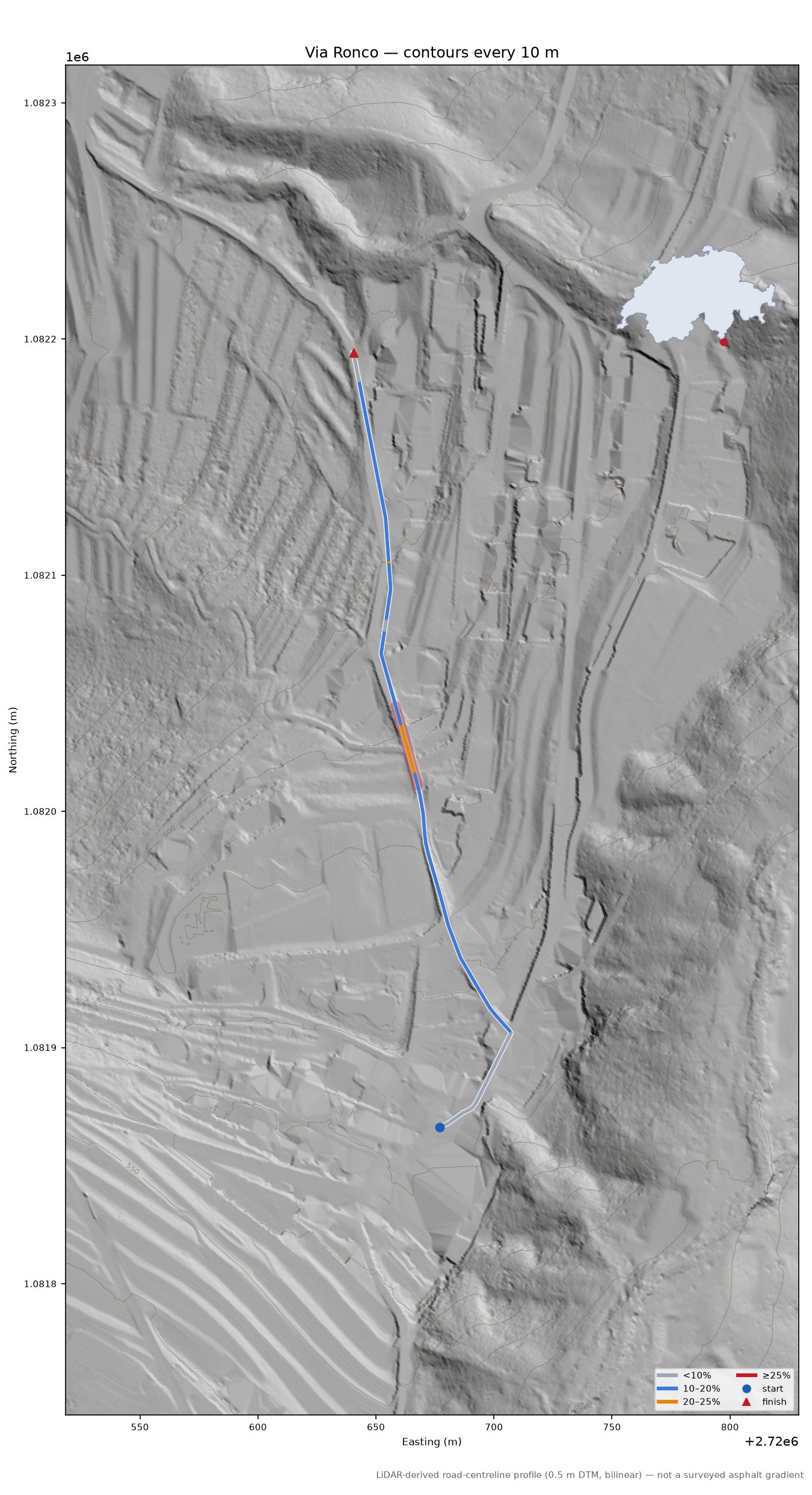 Via Ronco LiDAR hillshade map with contours