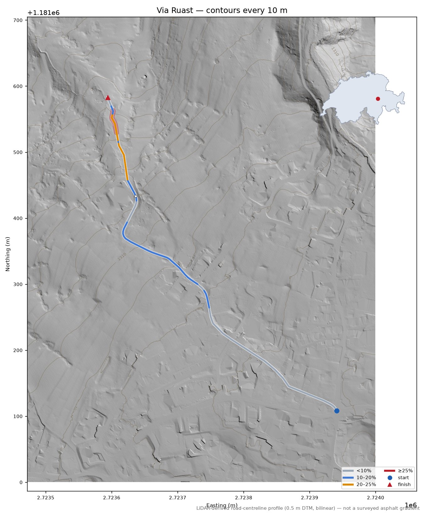 Via Ruast LiDAR hillshade map with contours