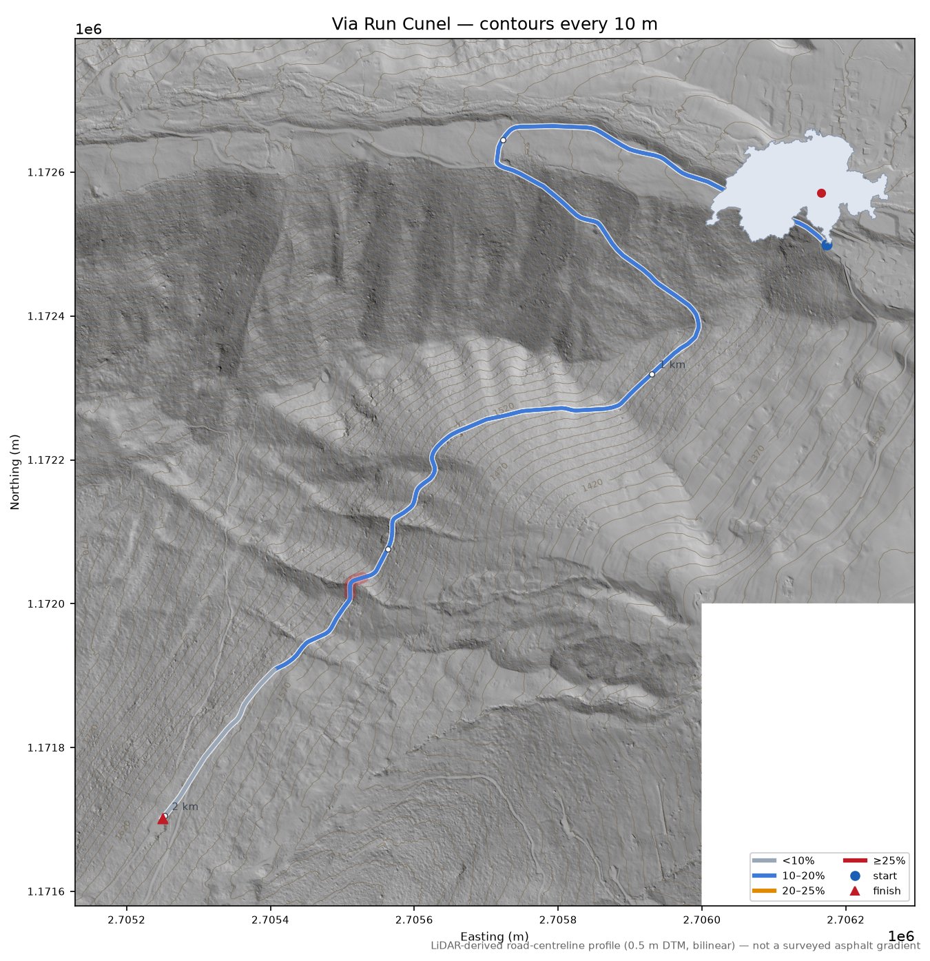 Via Run Cunel LiDAR hillshade map with contours