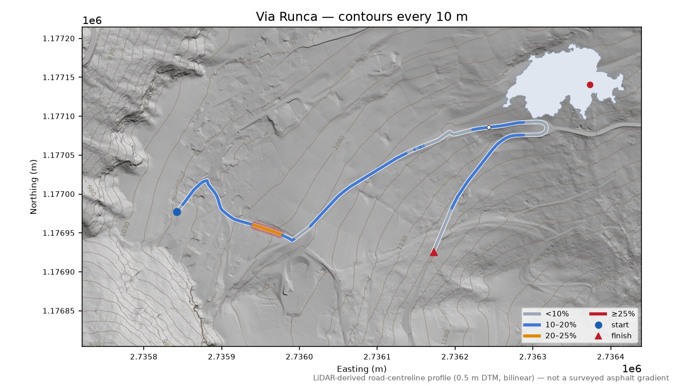 Via Runca LiDAR hillshade map with contours