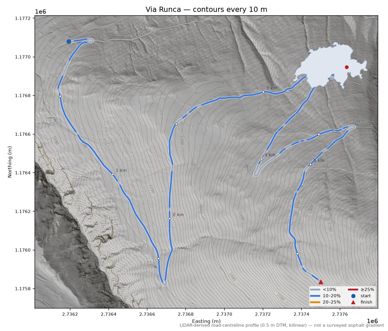 Via Runca LiDAR hillshade map with contours