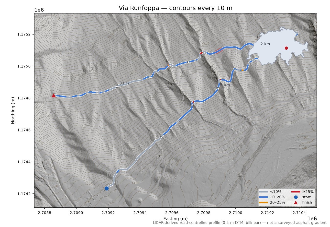 Via Runfoppa LiDAR hillshade map with contours