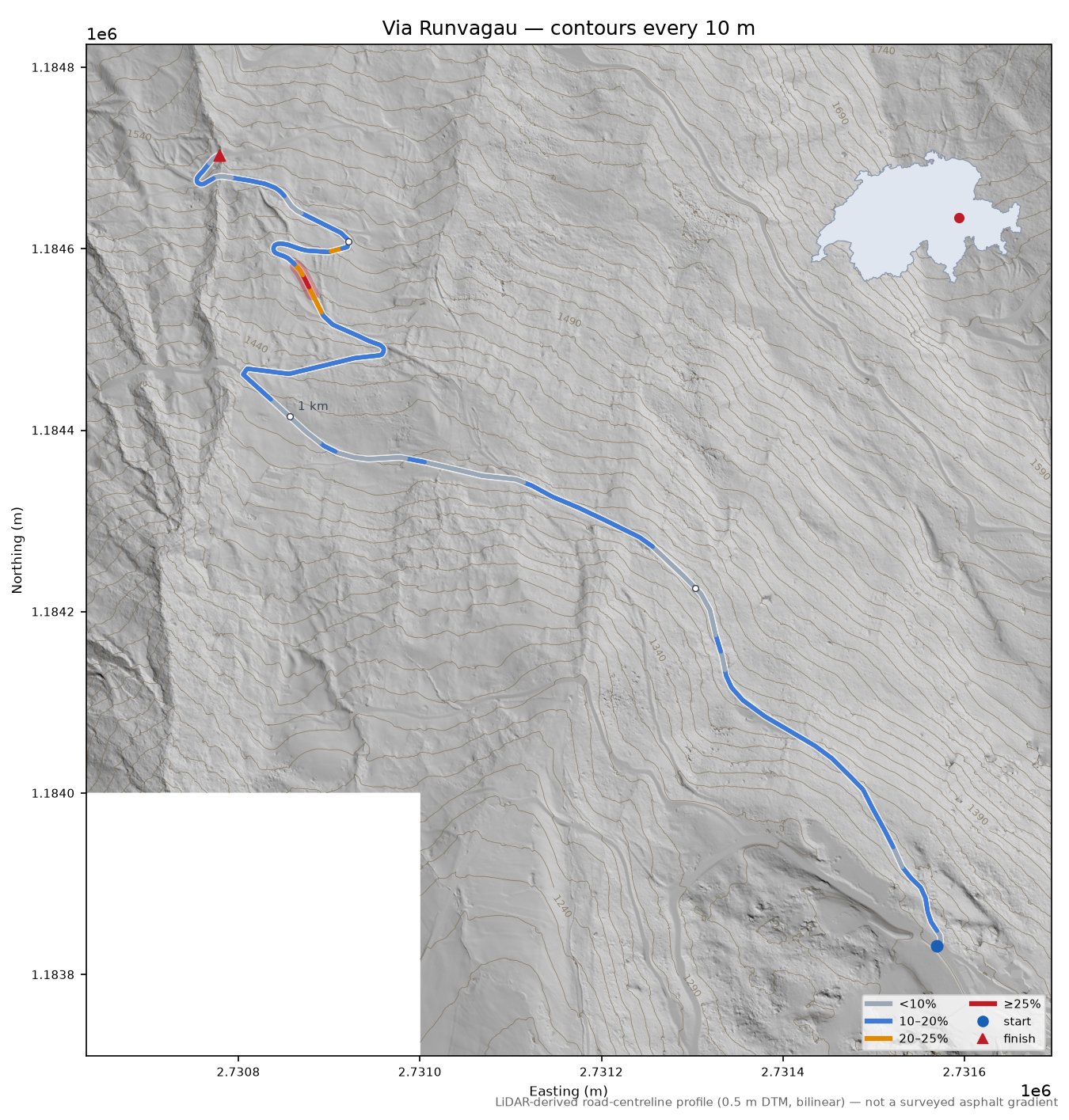 Via Runvagau LiDAR hillshade map with contours