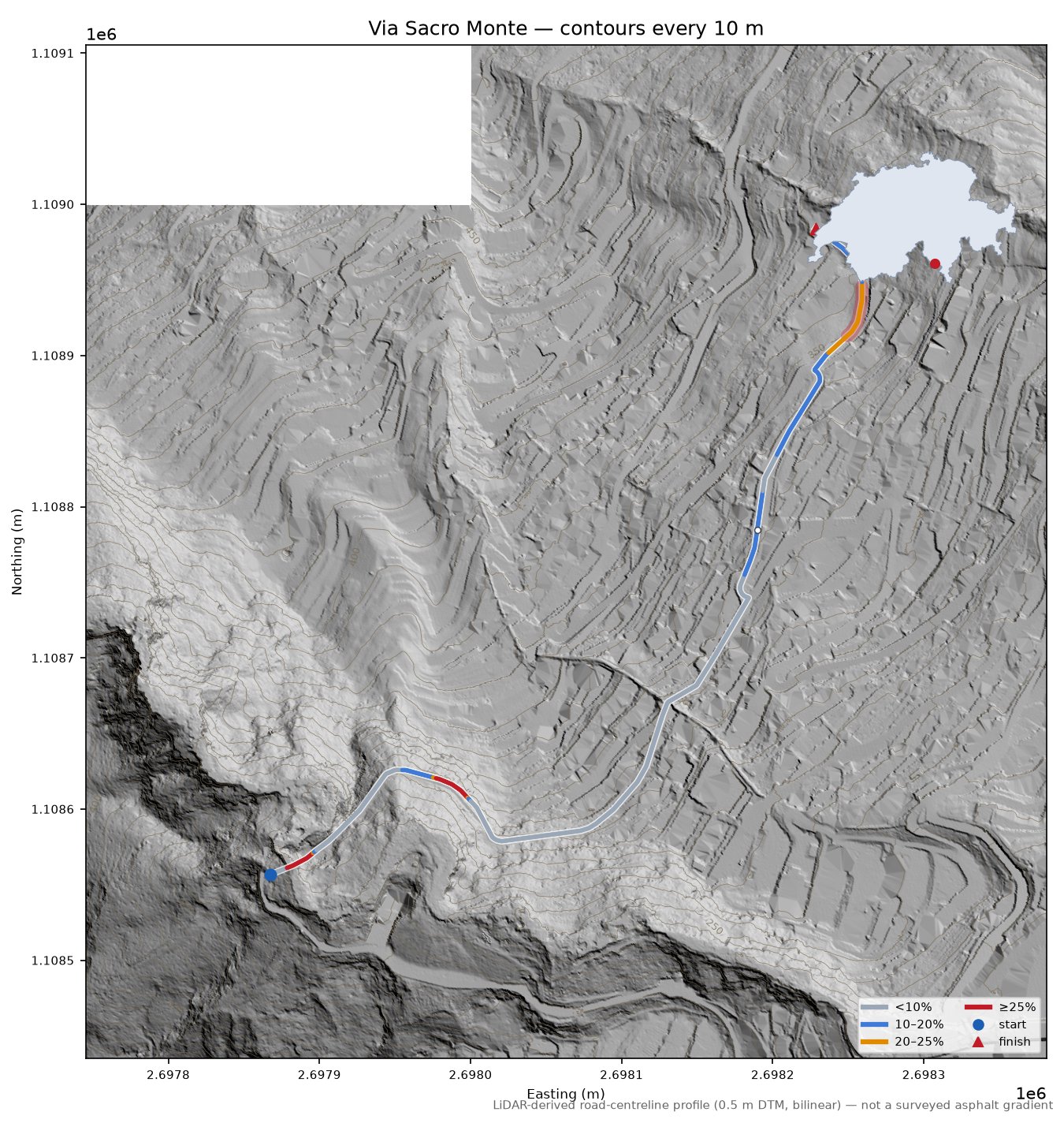 Via Sacro Monte LiDAR hillshade map with contours