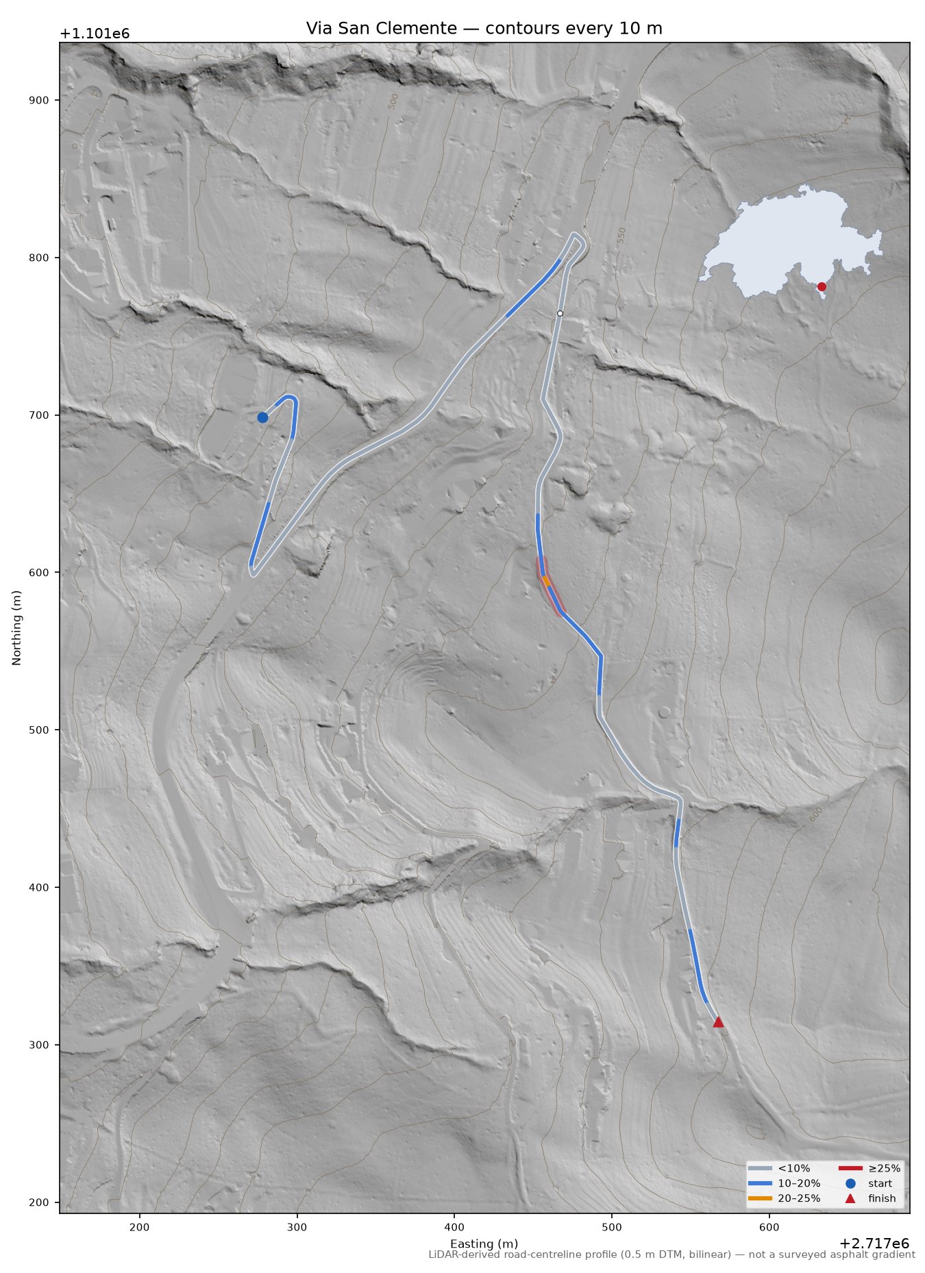 Via San Clemente LiDAR hillshade map with contours