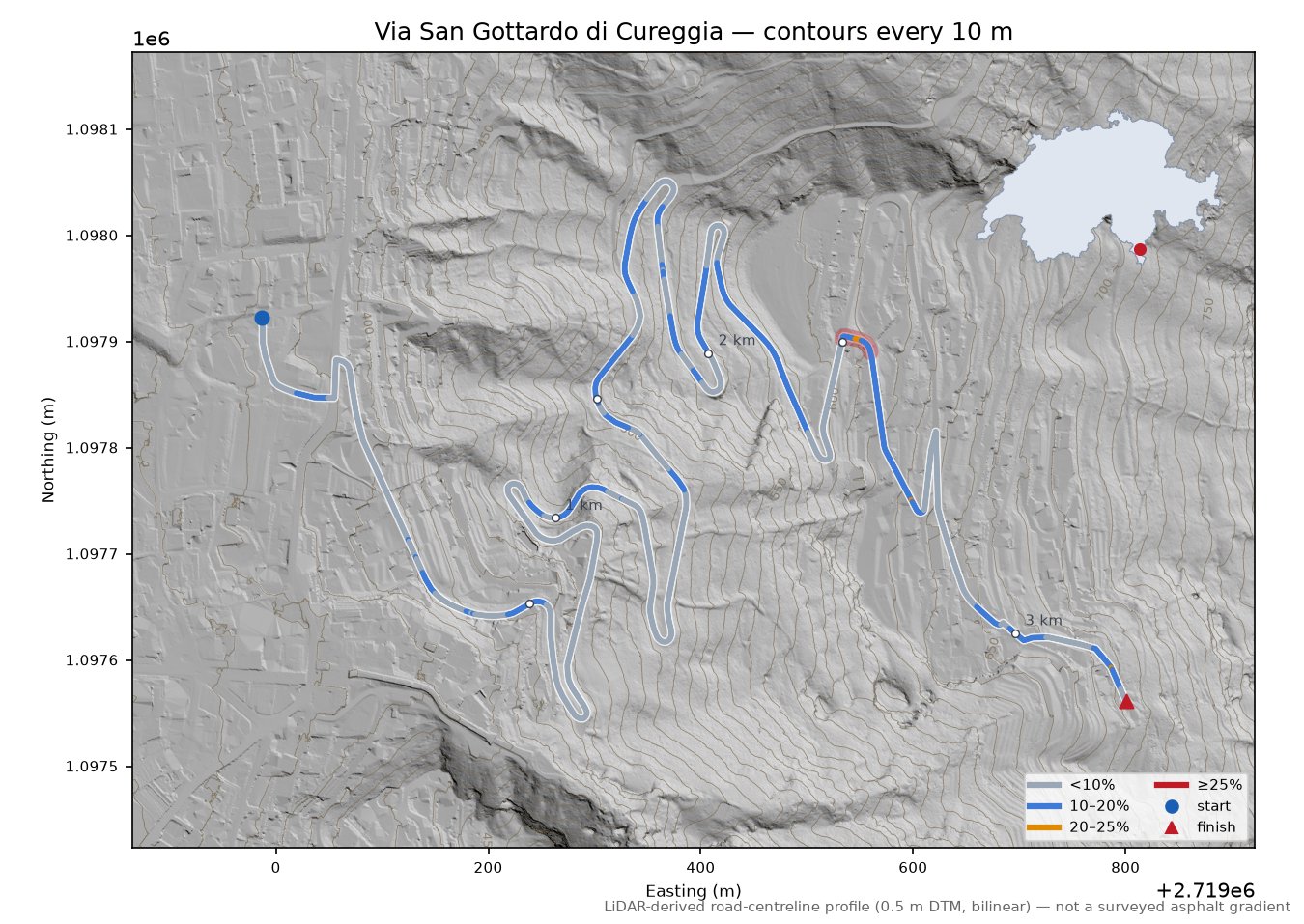 Via San Gottardo di Cureggia LiDAR hillshade map with contours