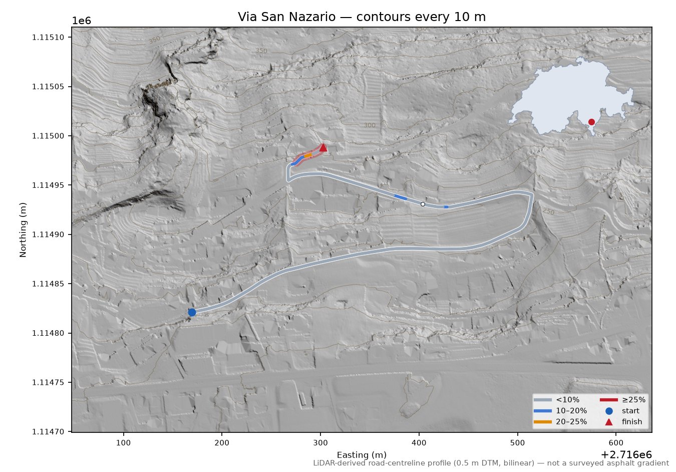 Via San Nazario LiDAR hillshade map with contours