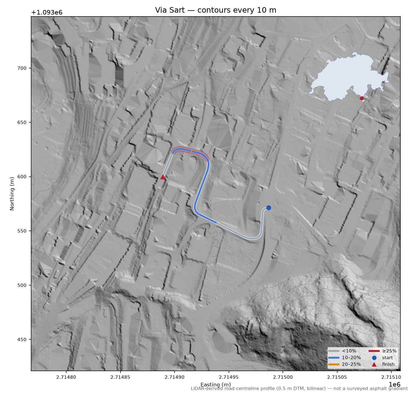 Via Sart LiDAR hillshade map with contours