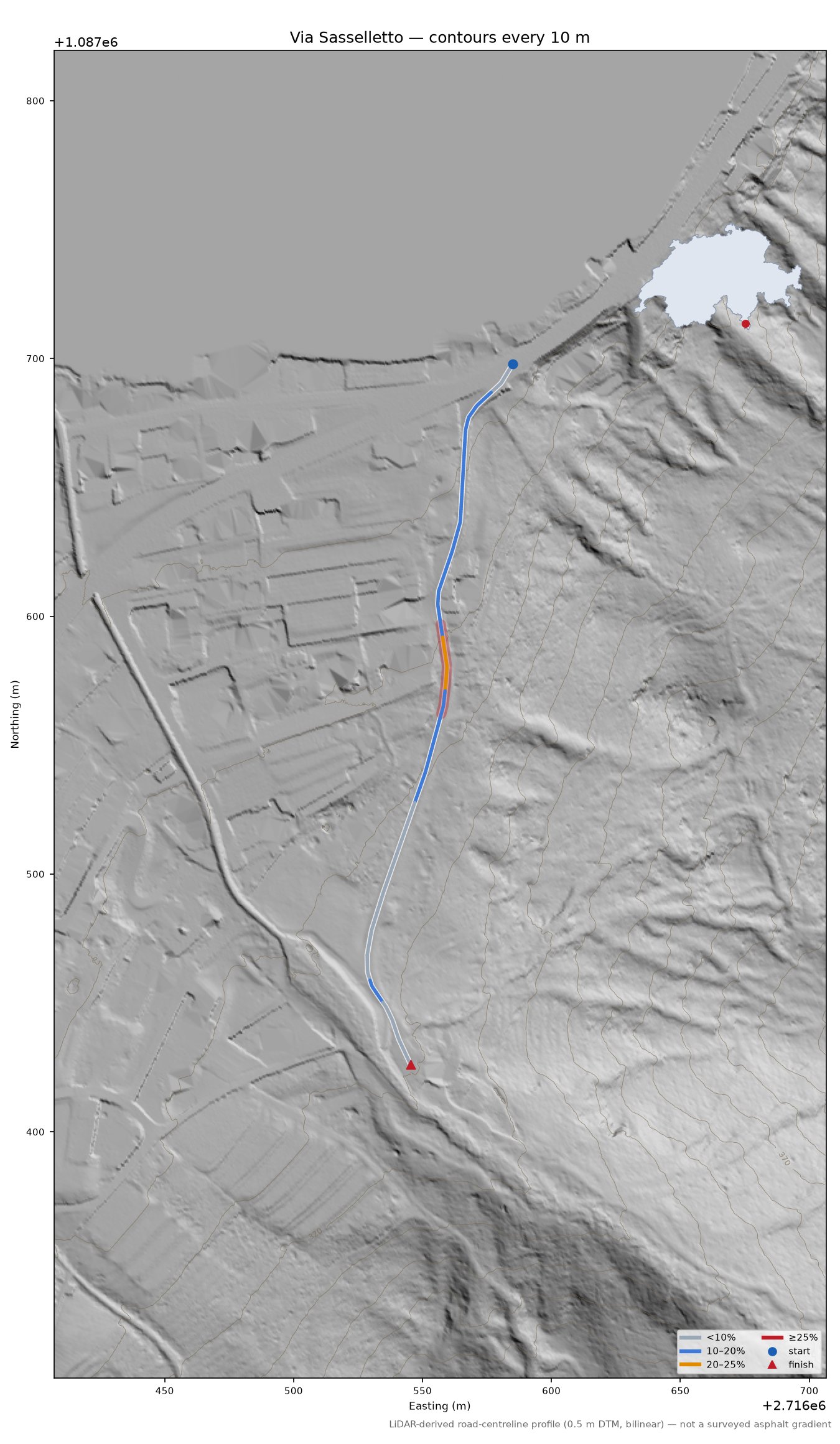 Via Sasselletto LiDAR hillshade map with contours