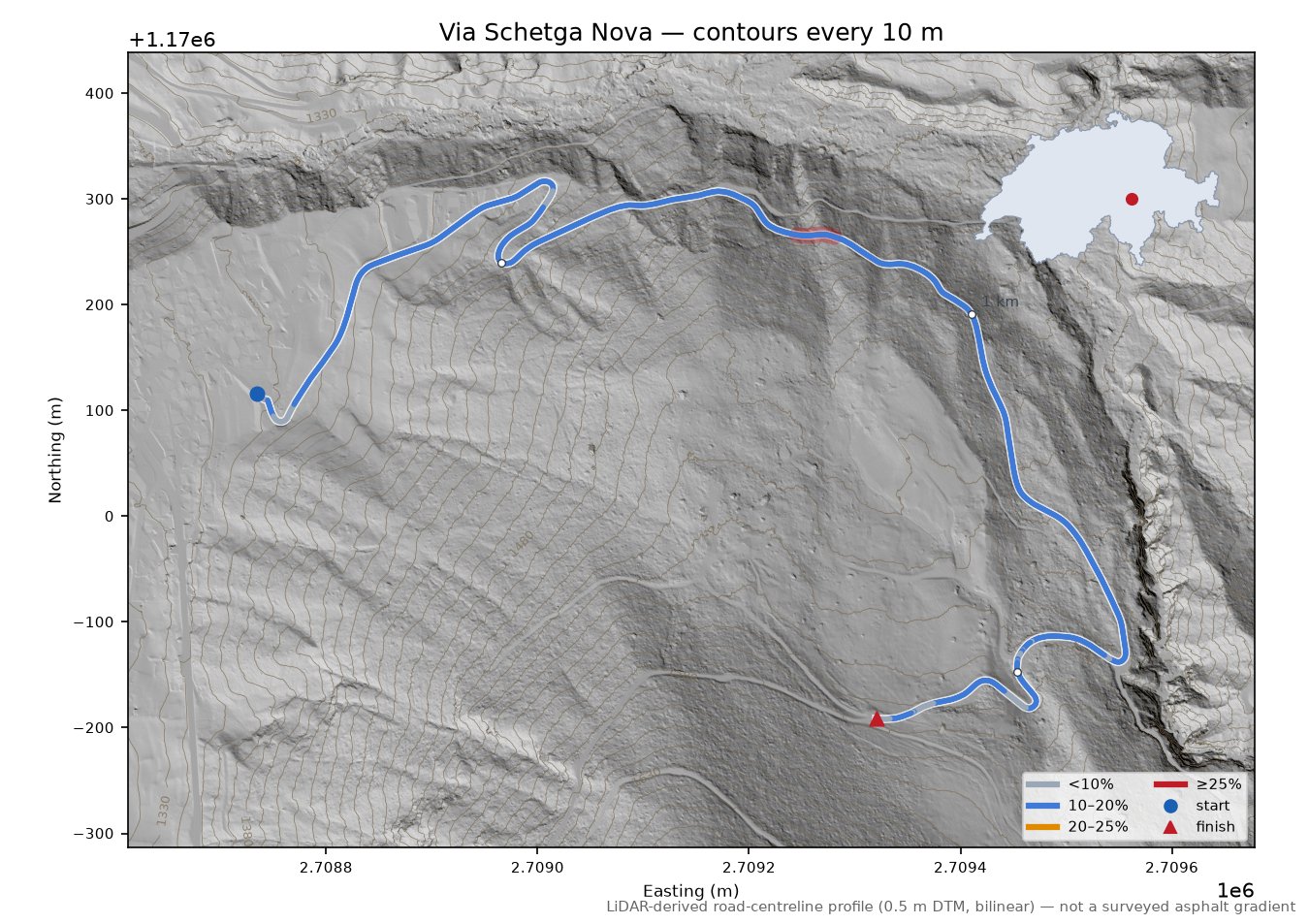 Via Schetga Nova LiDAR hillshade map with contours
