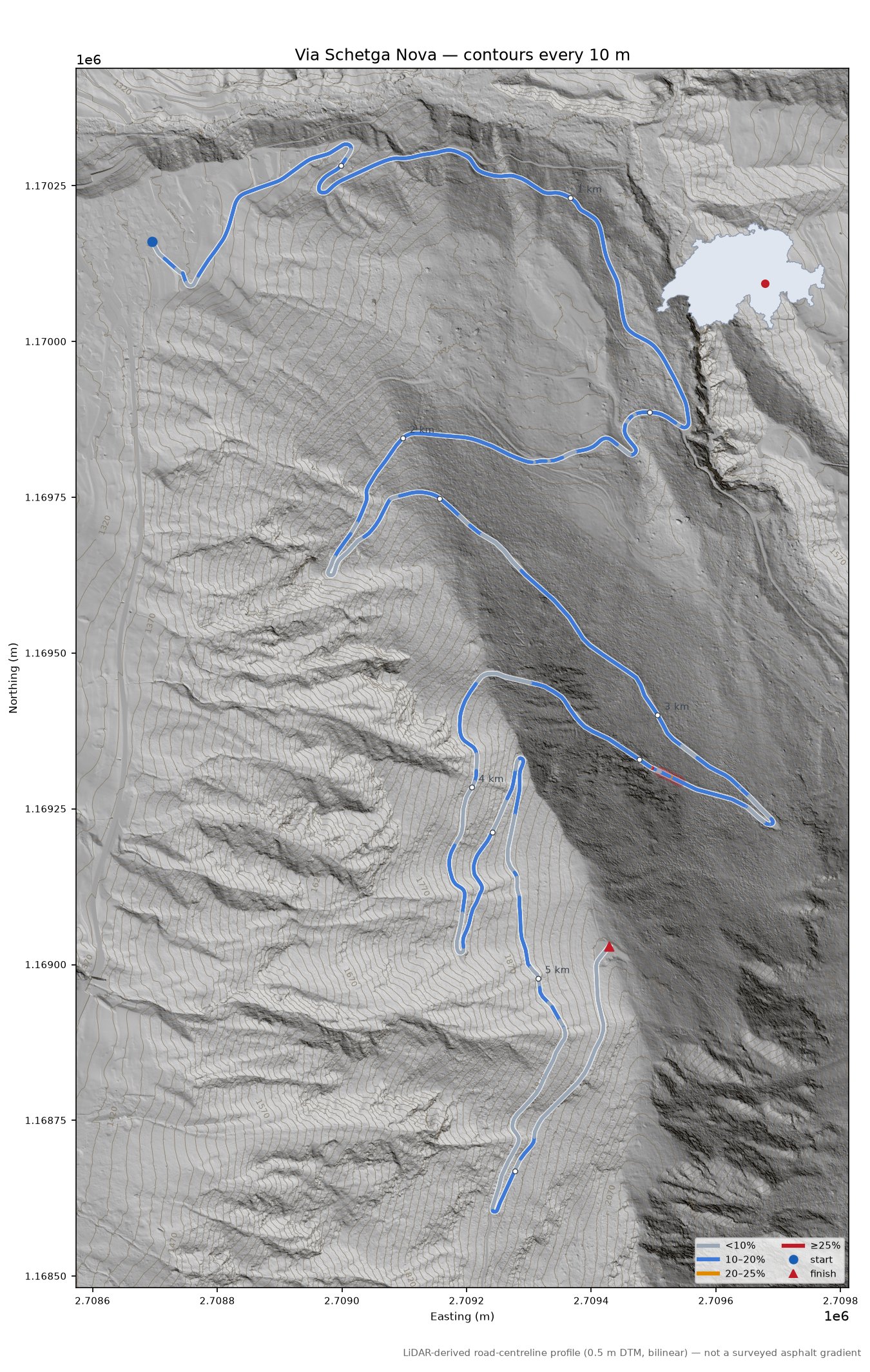 Via Schetga Nova LiDAR hillshade map with contours