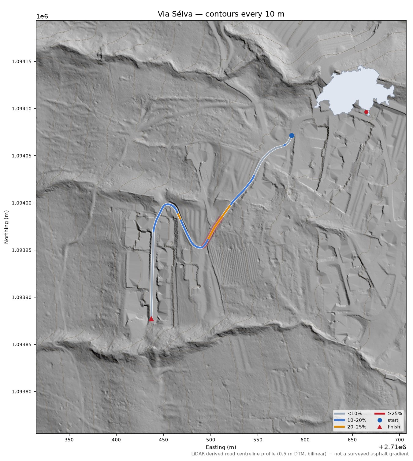 Via Sélva LiDAR hillshade map with contours