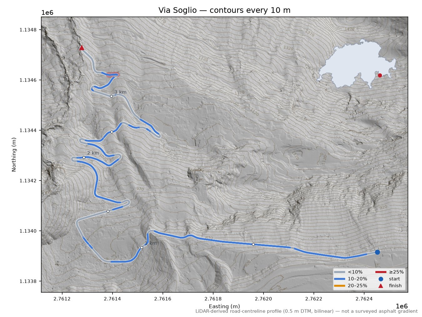 Via Soglio LiDAR hillshade map with contours