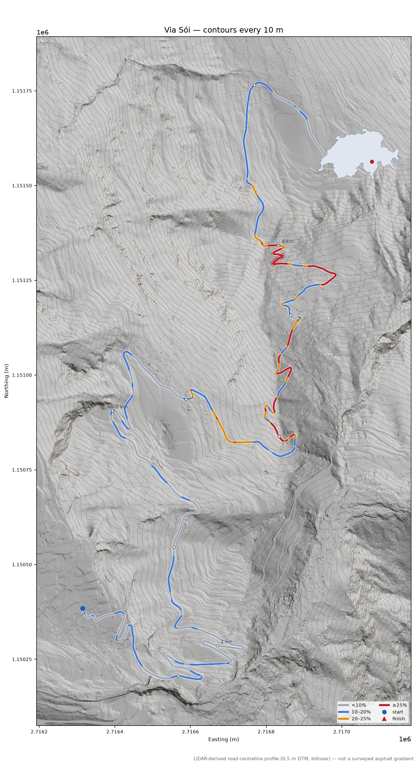 Via Sói LiDAR hillshade map with contours
