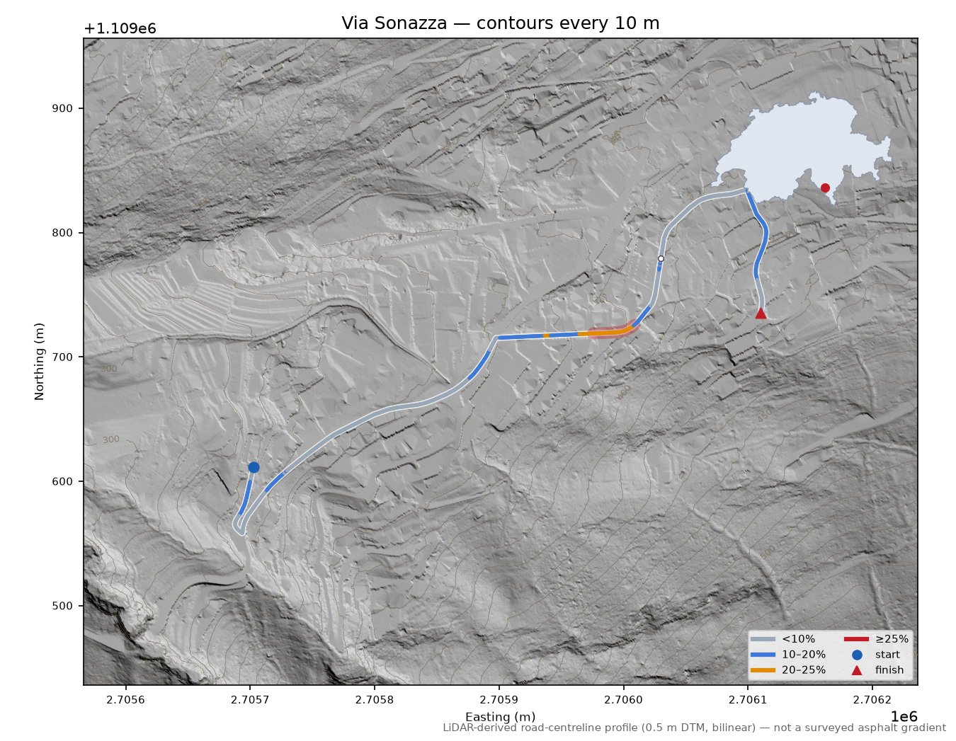 Via Sonazza LiDAR hillshade map with contours