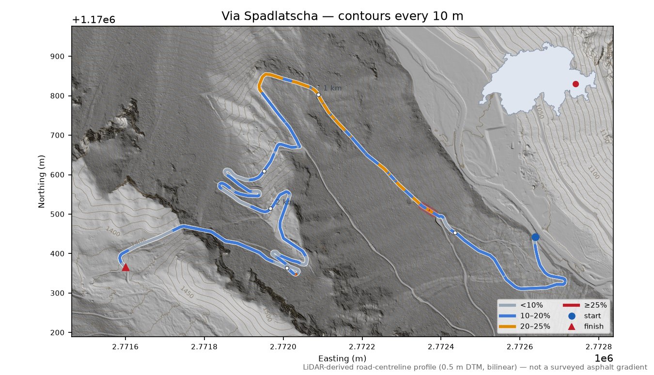 Via Spadlatscha LiDAR hillshade map with contours