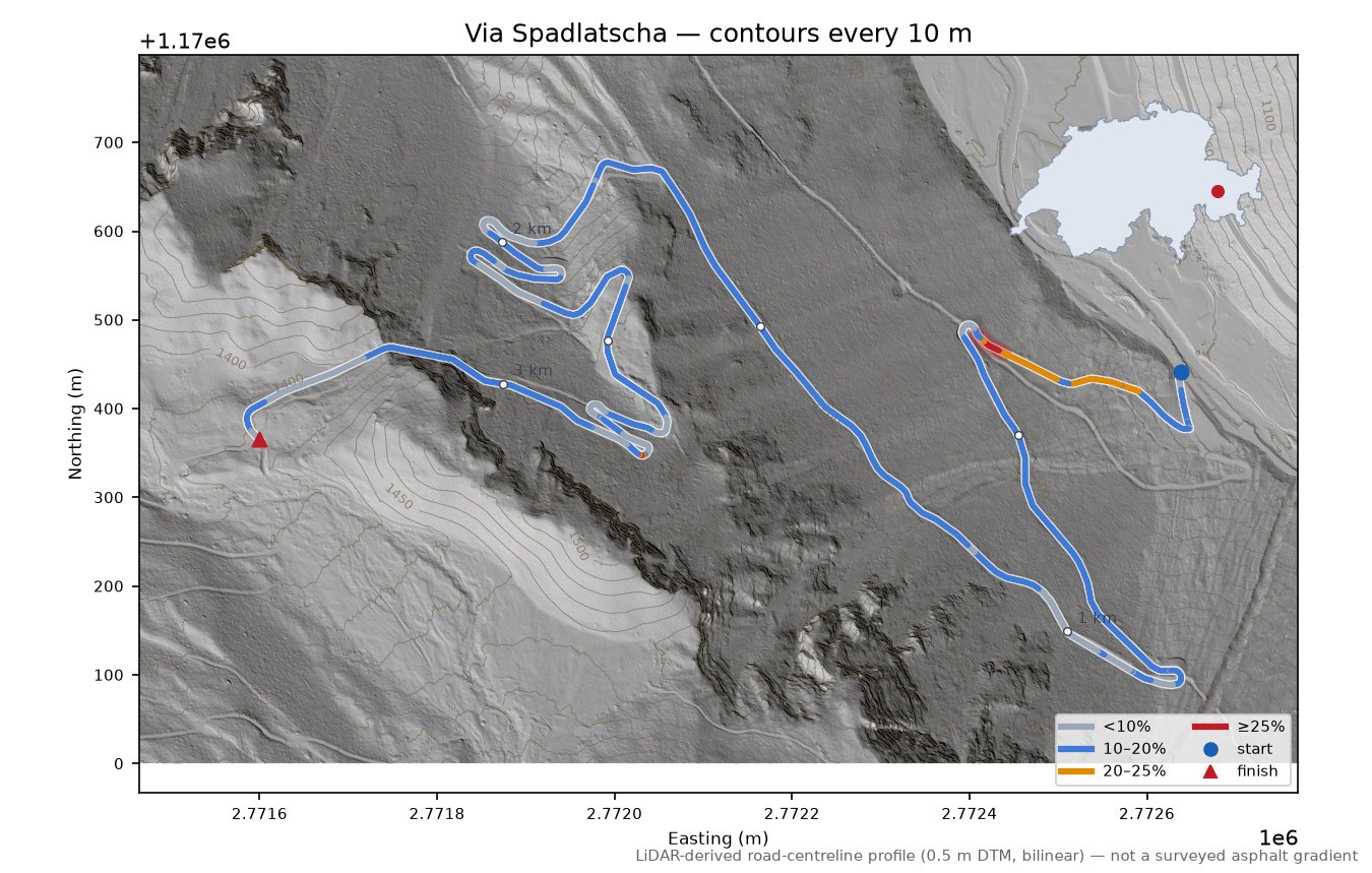 Via Spadlatscha LiDAR hillshade map with contours