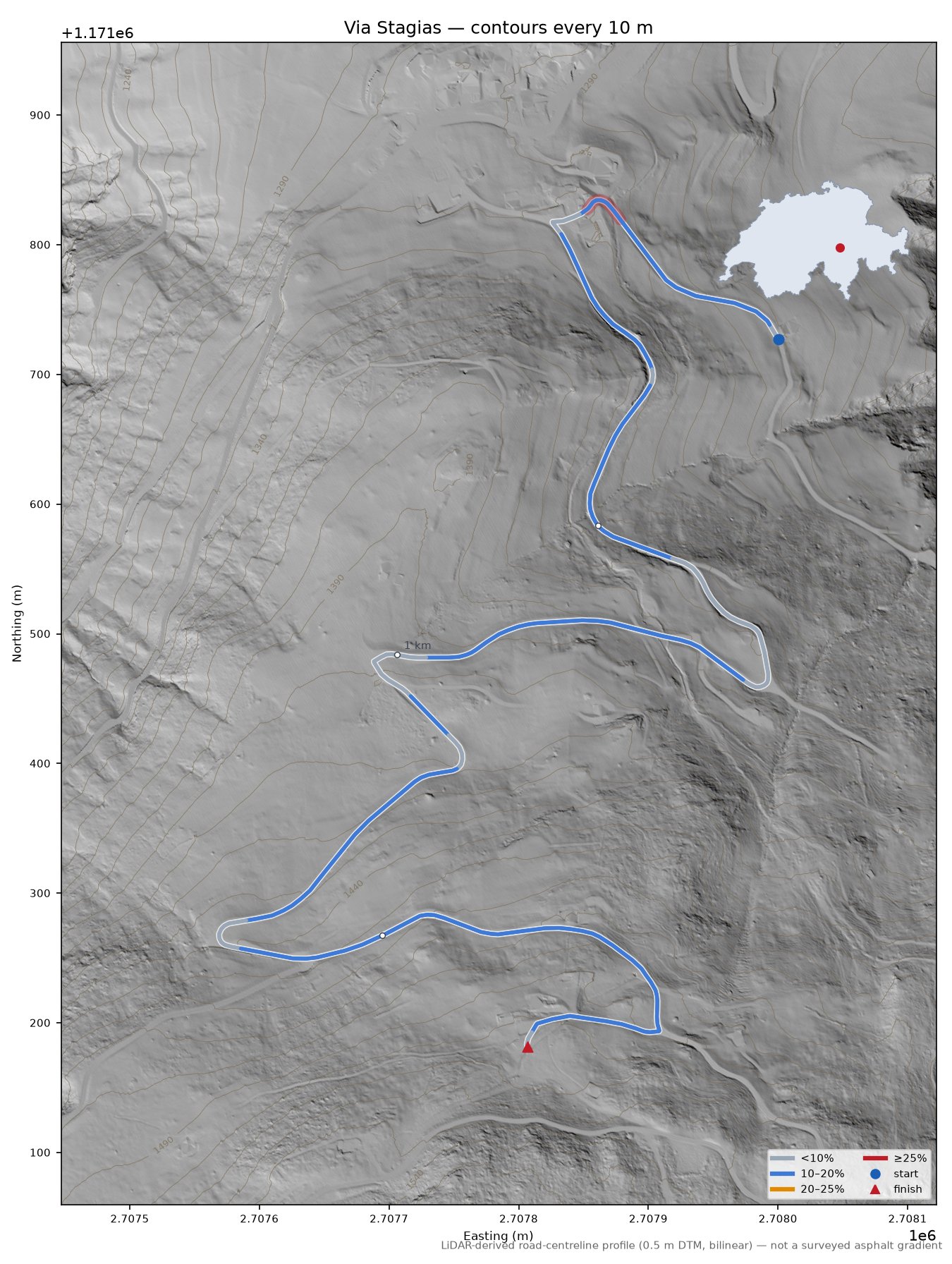 Via Stagias LiDAR hillshade map with contours