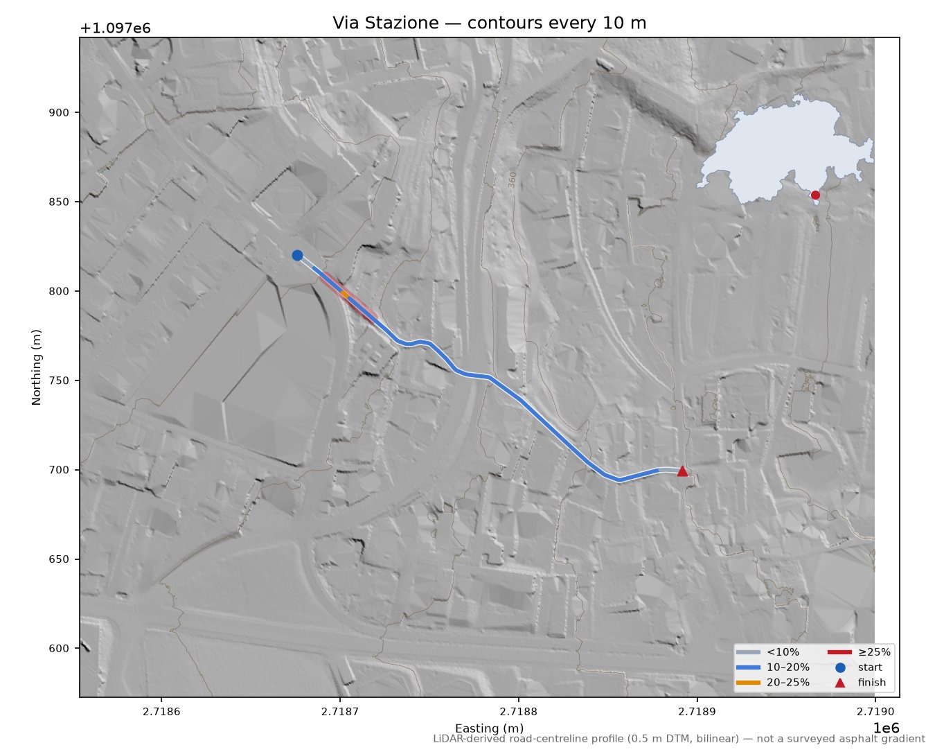 Via Stazione LiDAR hillshade map with contours