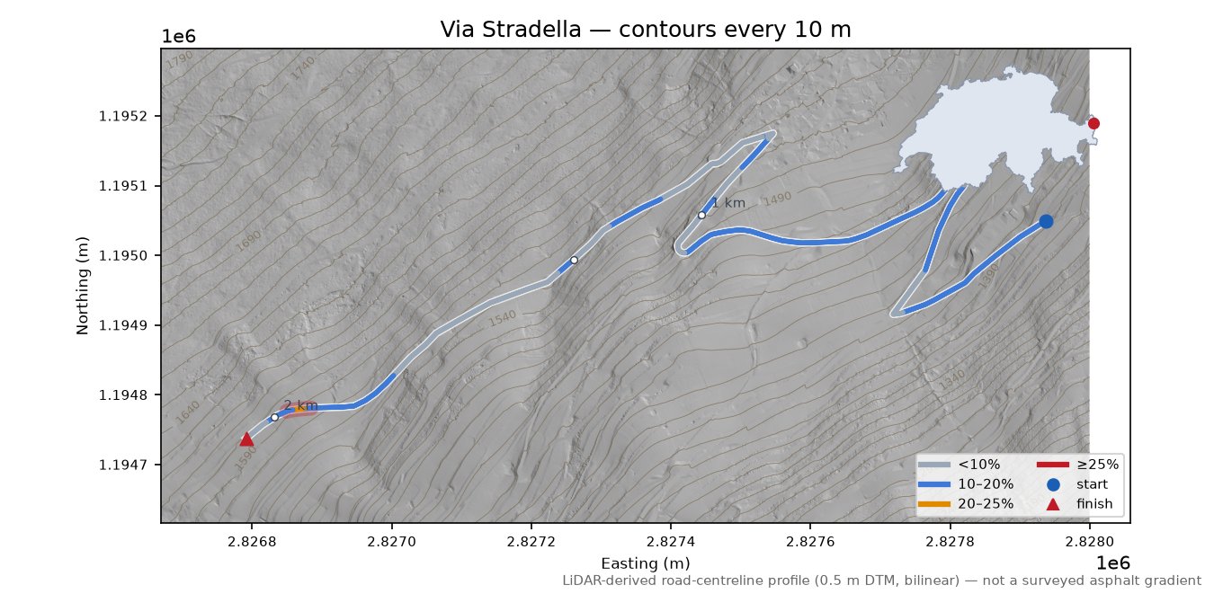 Via Stradella LiDAR hillshade map with contours