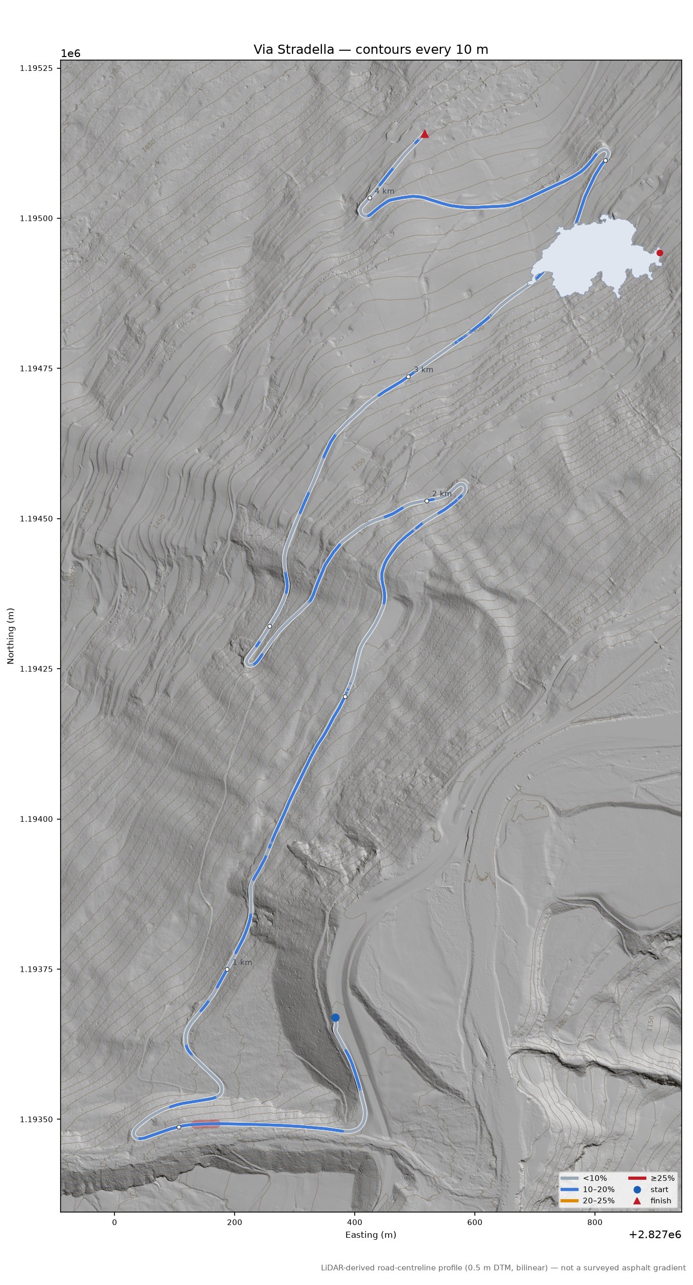 Via Stradella LiDAR hillshade map with contours