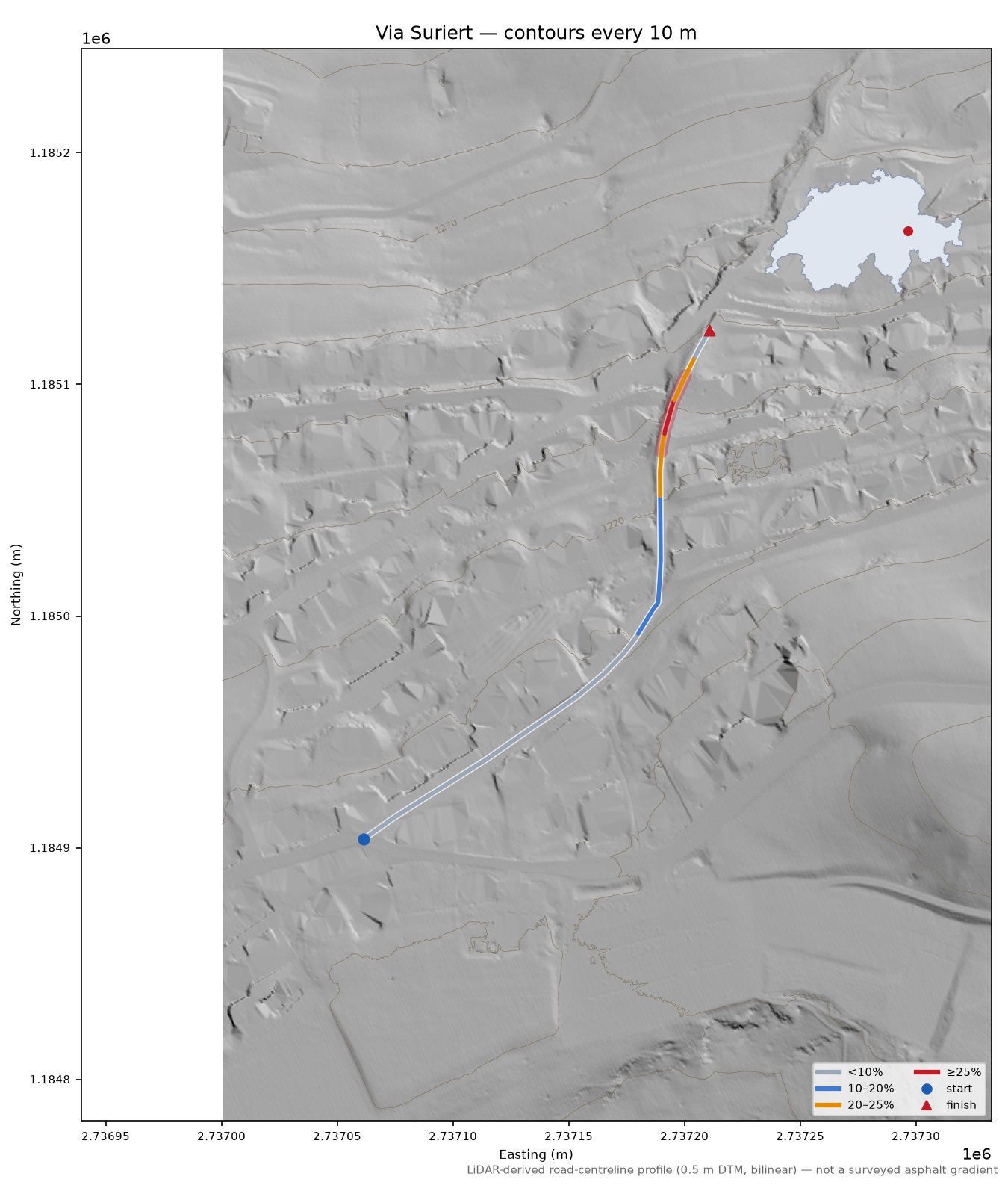 Via Suriert LiDAR hillshade map with contours