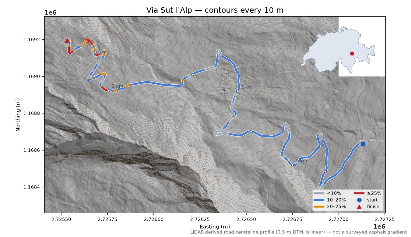 Via Sut l'Alp LiDAR hillshade map with contours