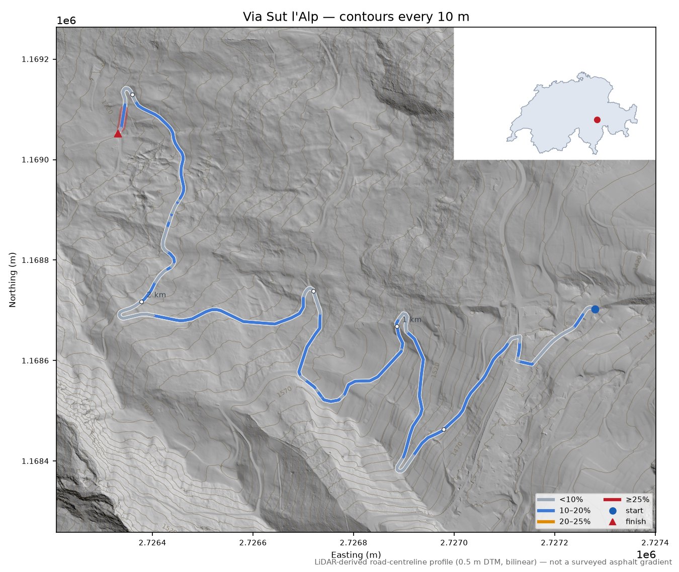 Via Sut l'Alp LiDAR hillshade map with contours