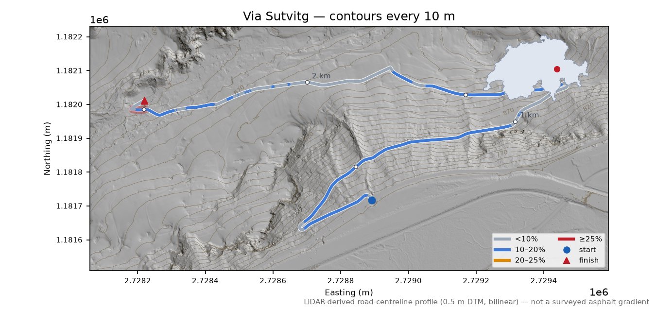 Via Sutvitg LiDAR hillshade map with contours