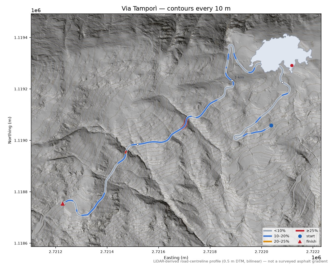 Via Tamporì LiDAR hillshade map with contours