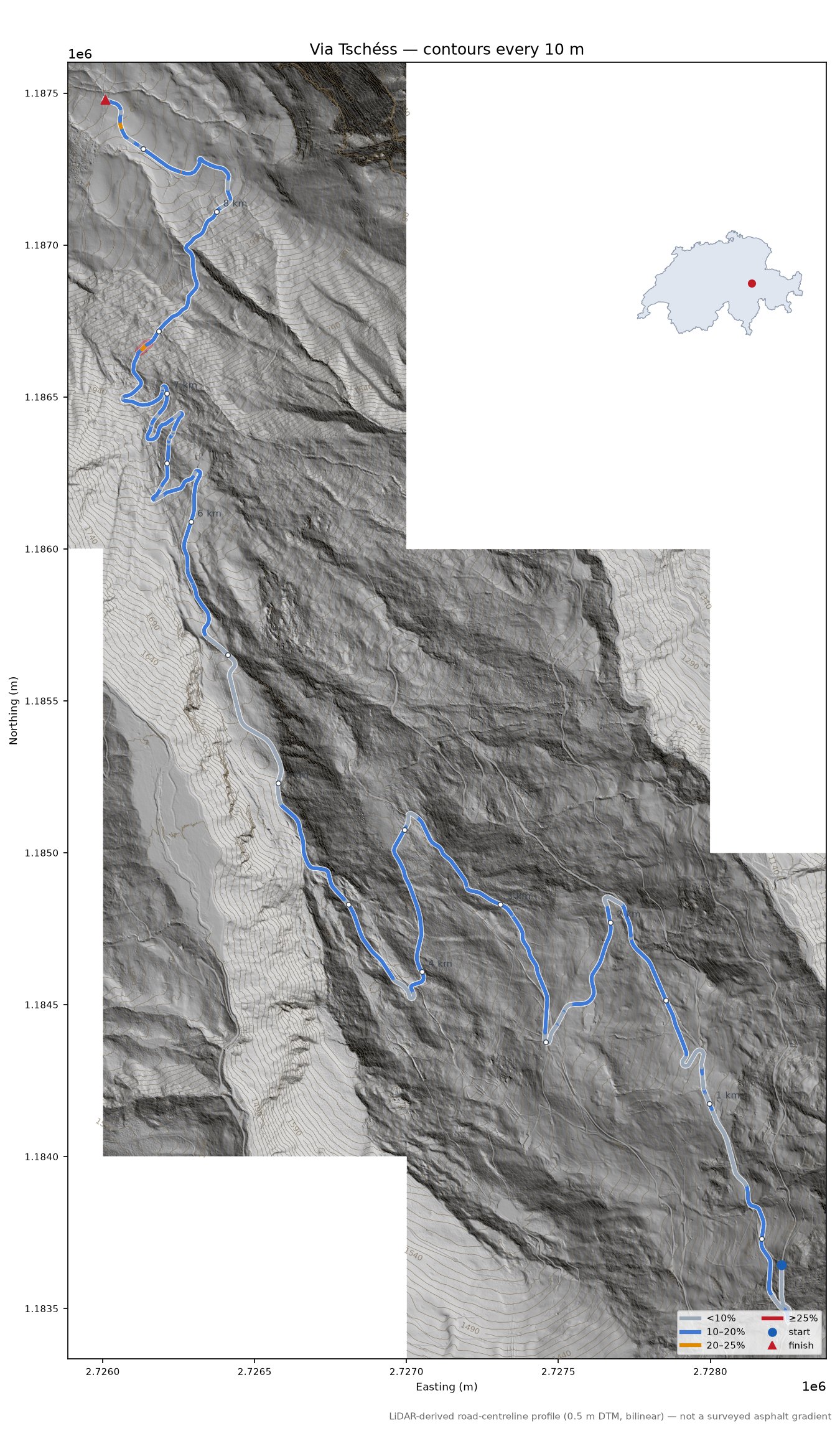 Via Tschéss LiDAR hillshade map with contours