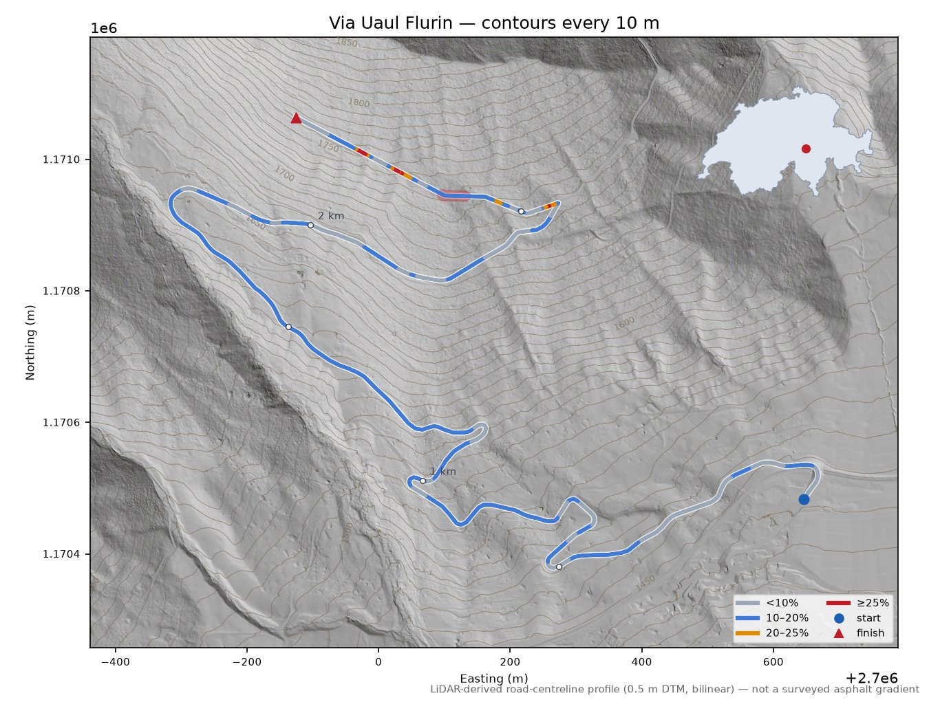 Via Uaul Flurin LiDAR hillshade map with contours