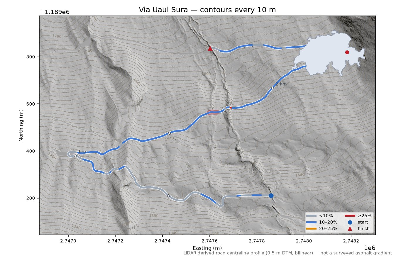 Via Uaul Sura LiDAR hillshade map with contours