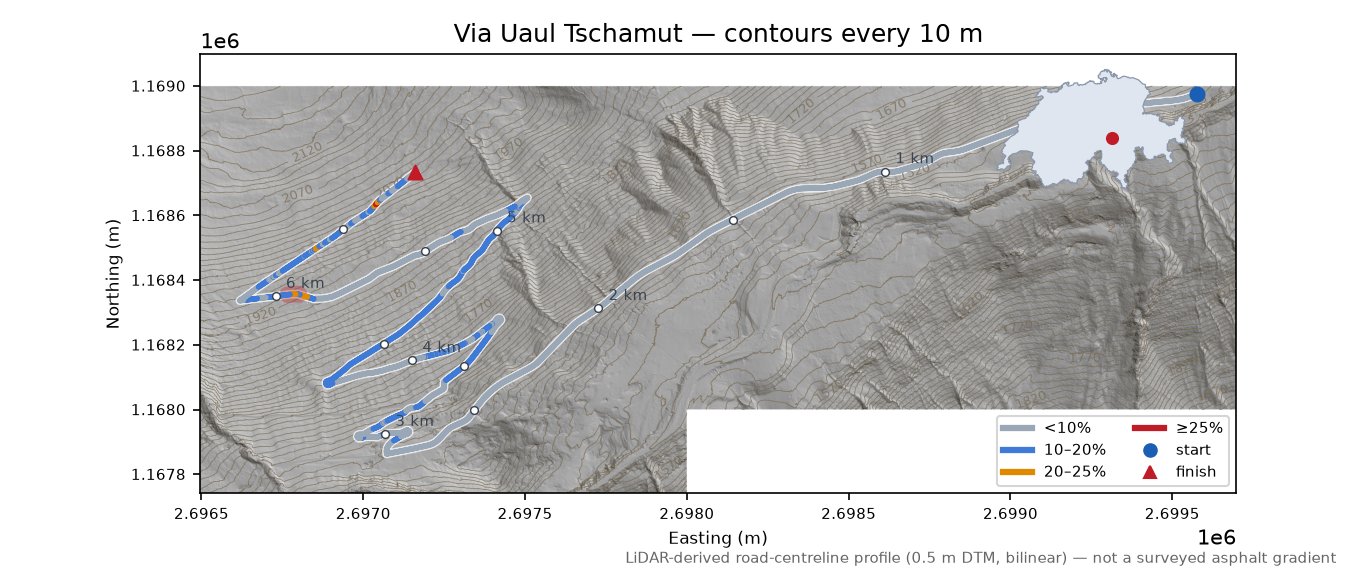 Via Uaul Tschamut LiDAR hillshade map with contours