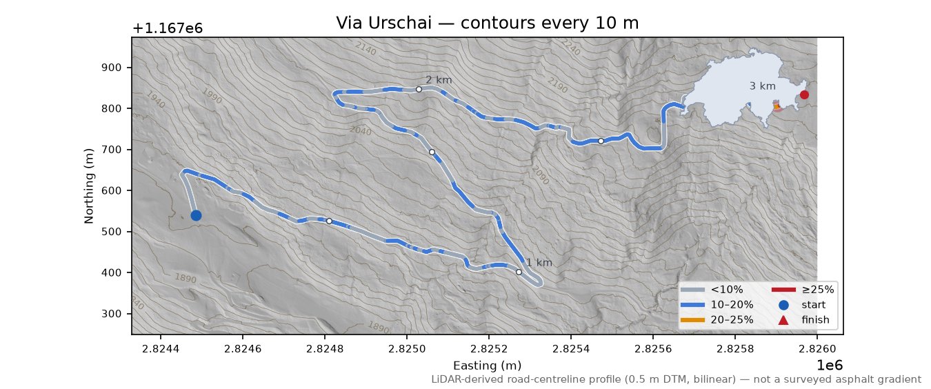 Via Urschai LiDAR hillshade map with contours