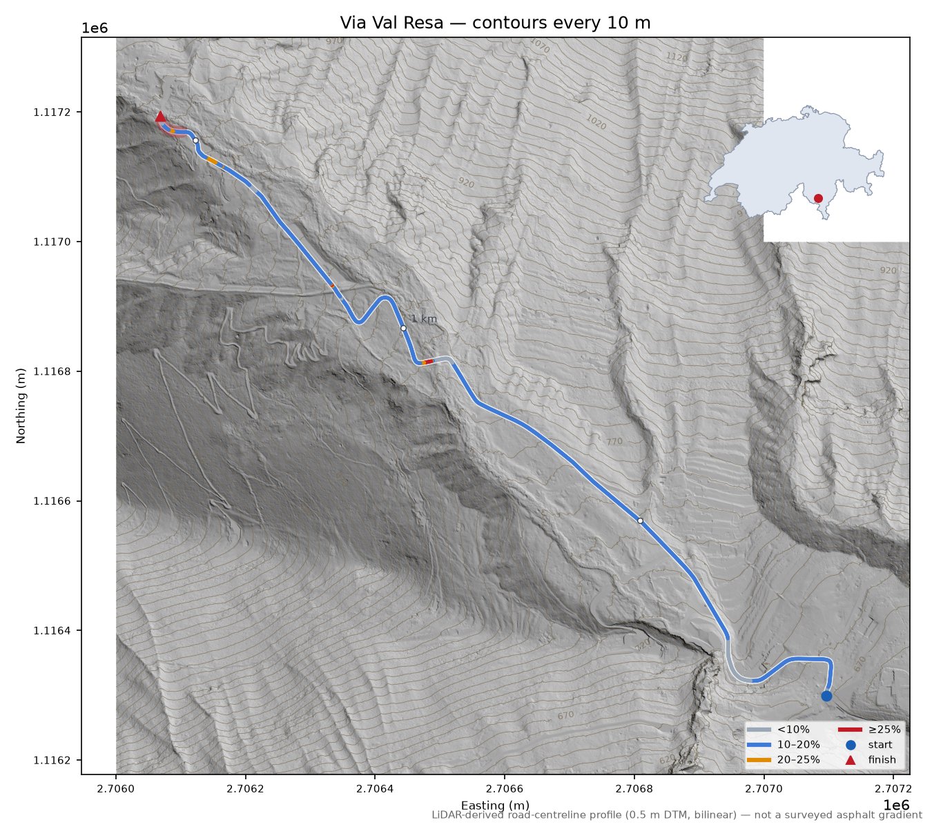 Via Val Resa LiDAR hillshade map with contours