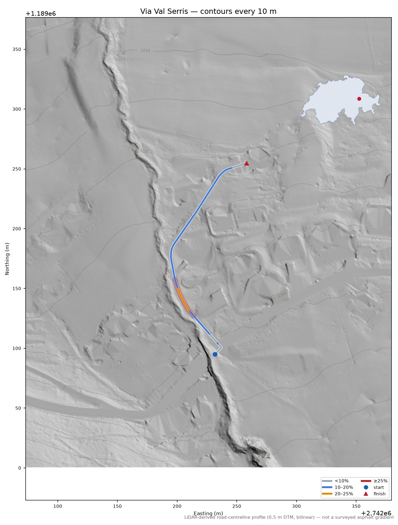 Via Val Serris LiDAR hillshade map with contours