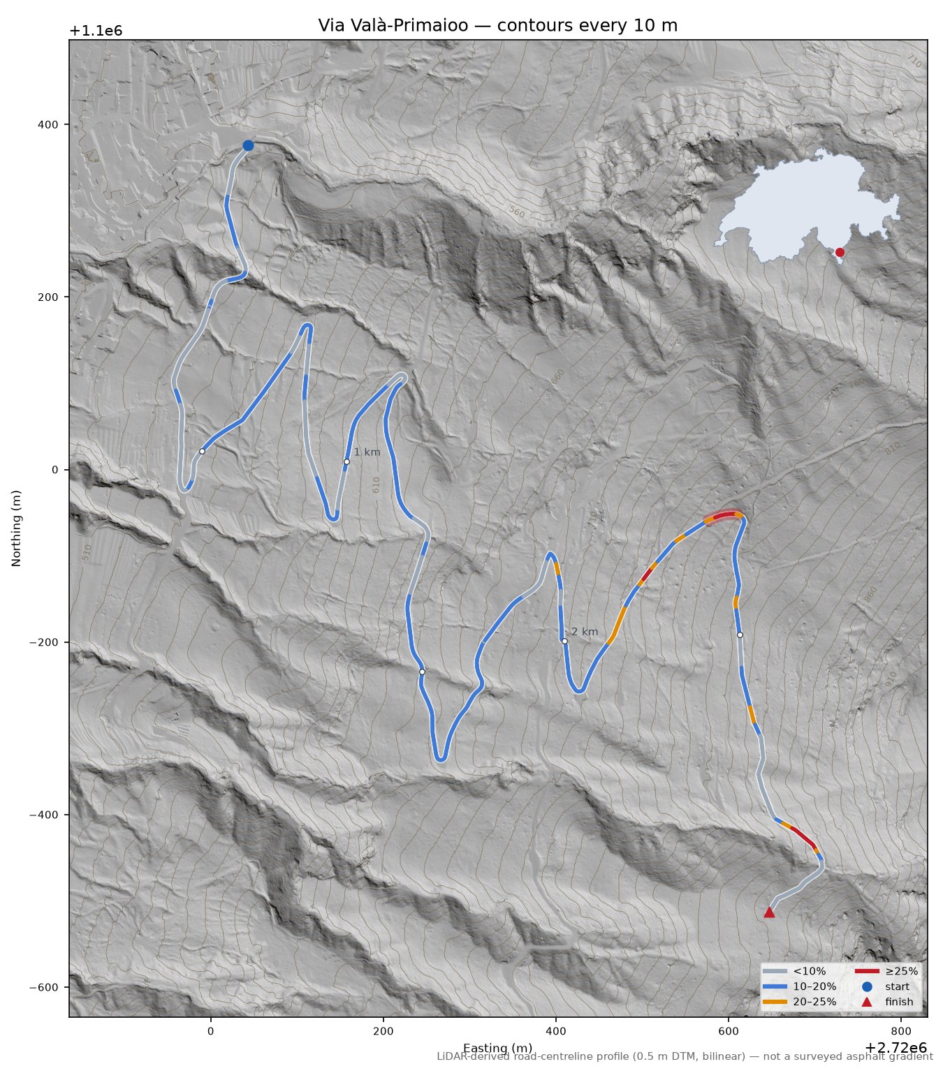 Via Valà-Primaioo LiDAR hillshade map with contours