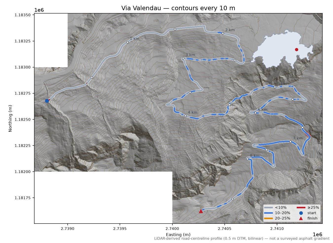 Via Valendau LiDAR hillshade map with contours