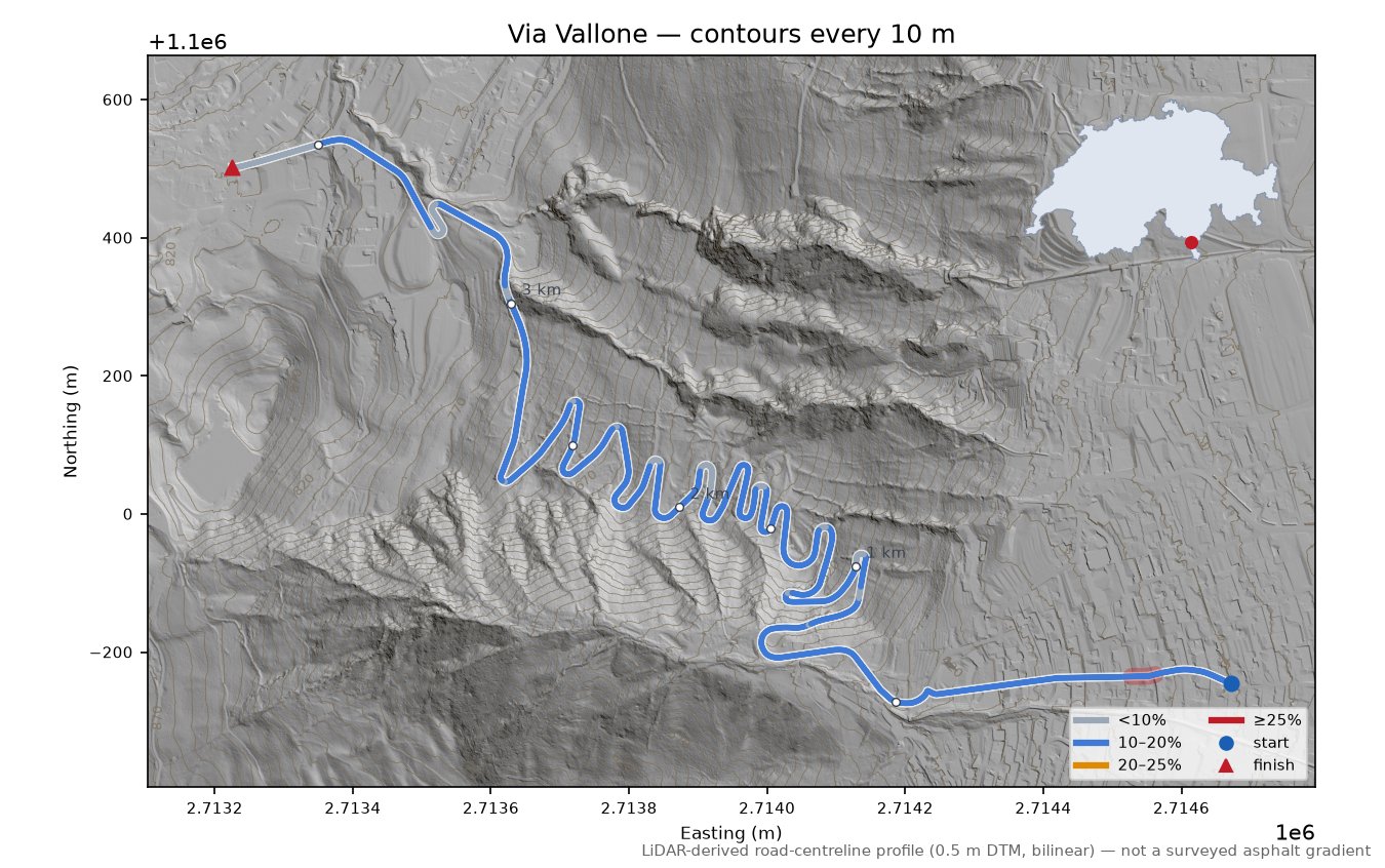 Via Vallone LiDAR hillshade map with contours