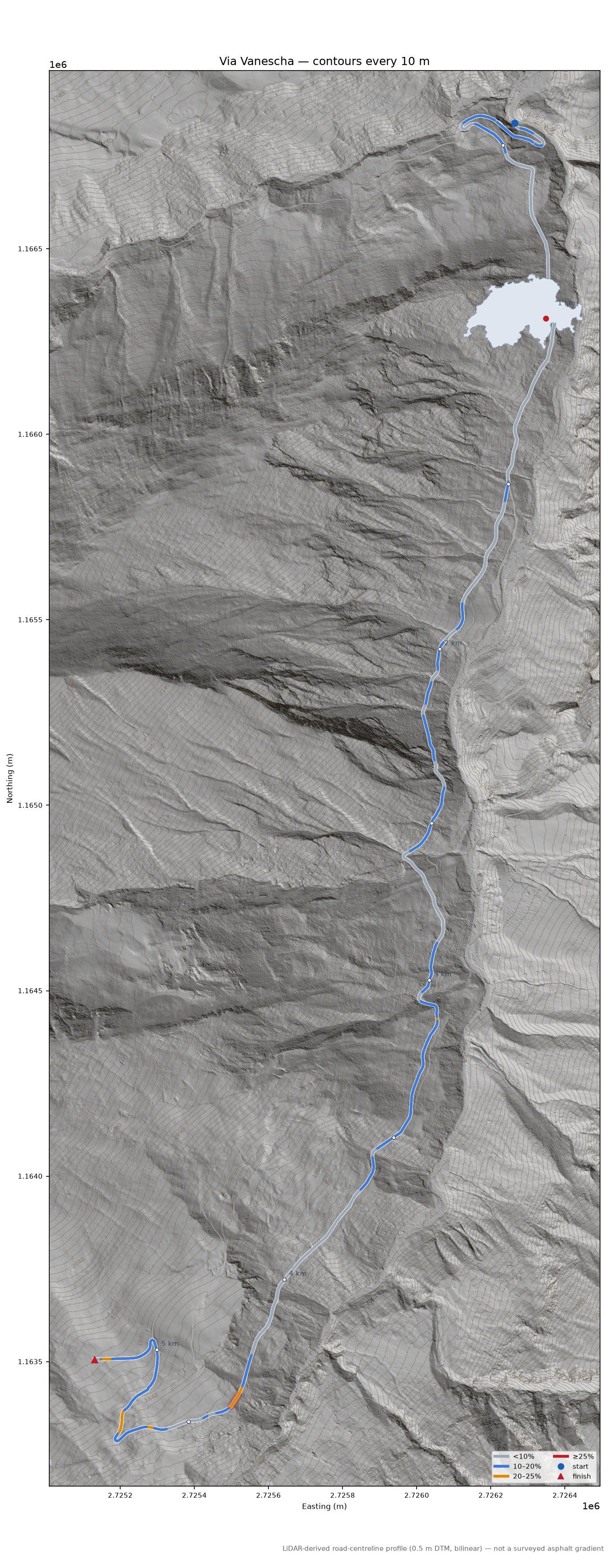 Via Vanescha LiDAR hillshade map with contours