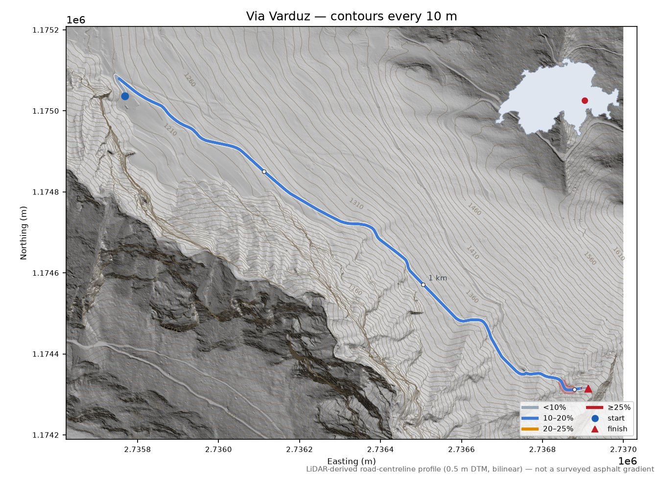 Via Varduz LiDAR hillshade map with contours