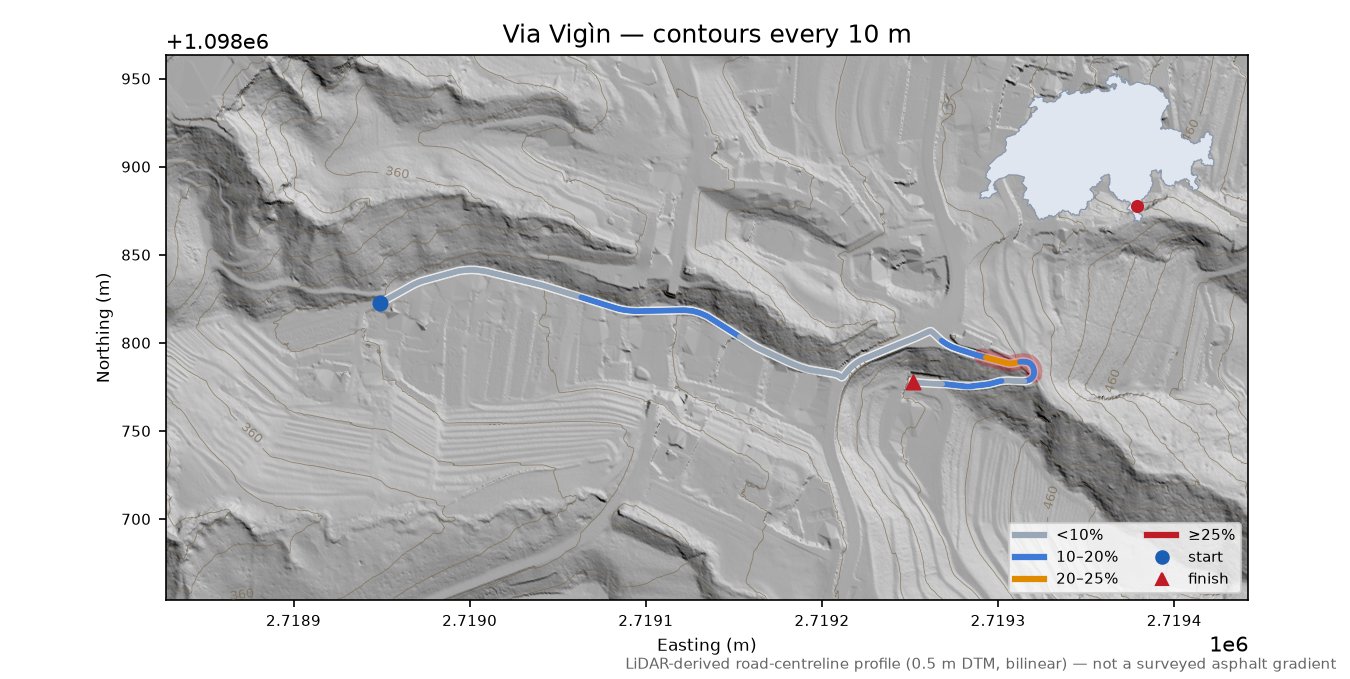 Via Vigìn LiDAR hillshade map with contours