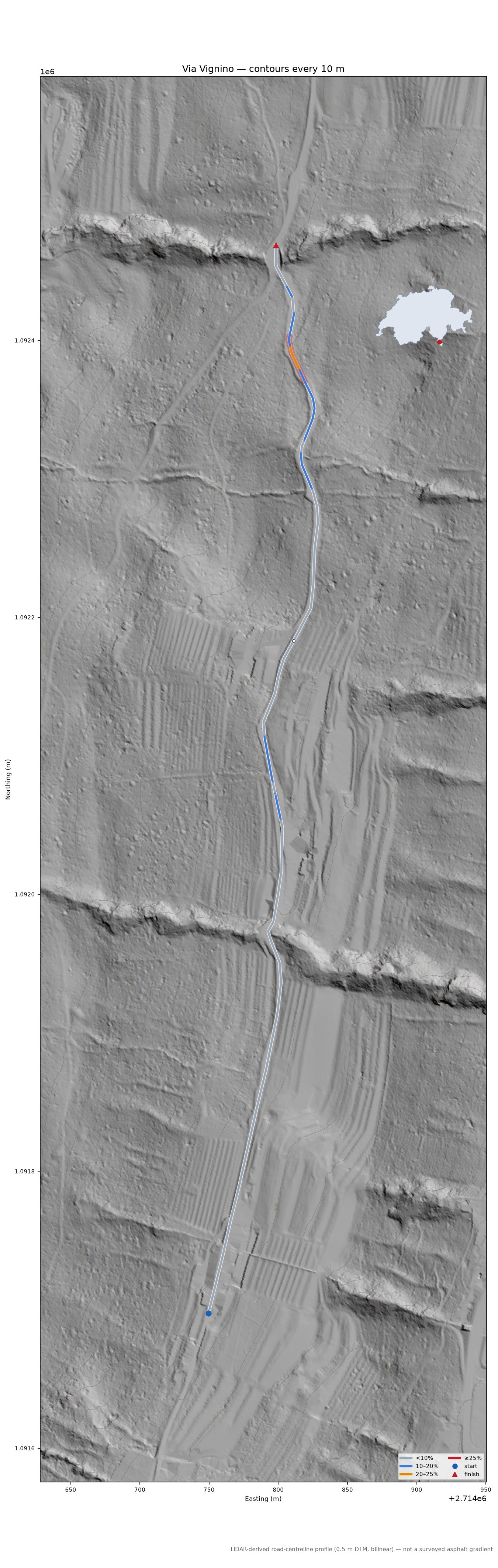 Via Vignino LiDAR hillshade map with contours