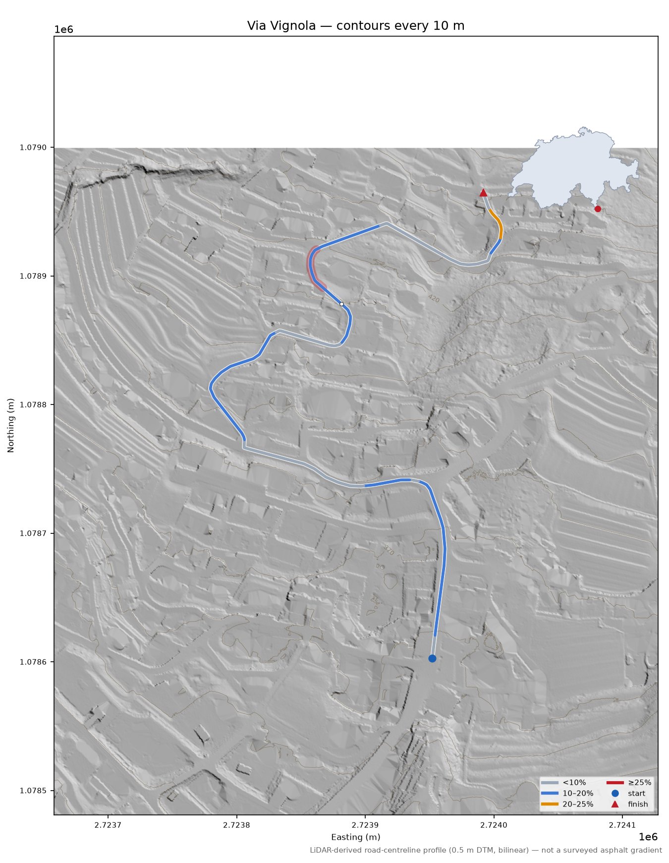Via Vignola LiDAR hillshade map with contours