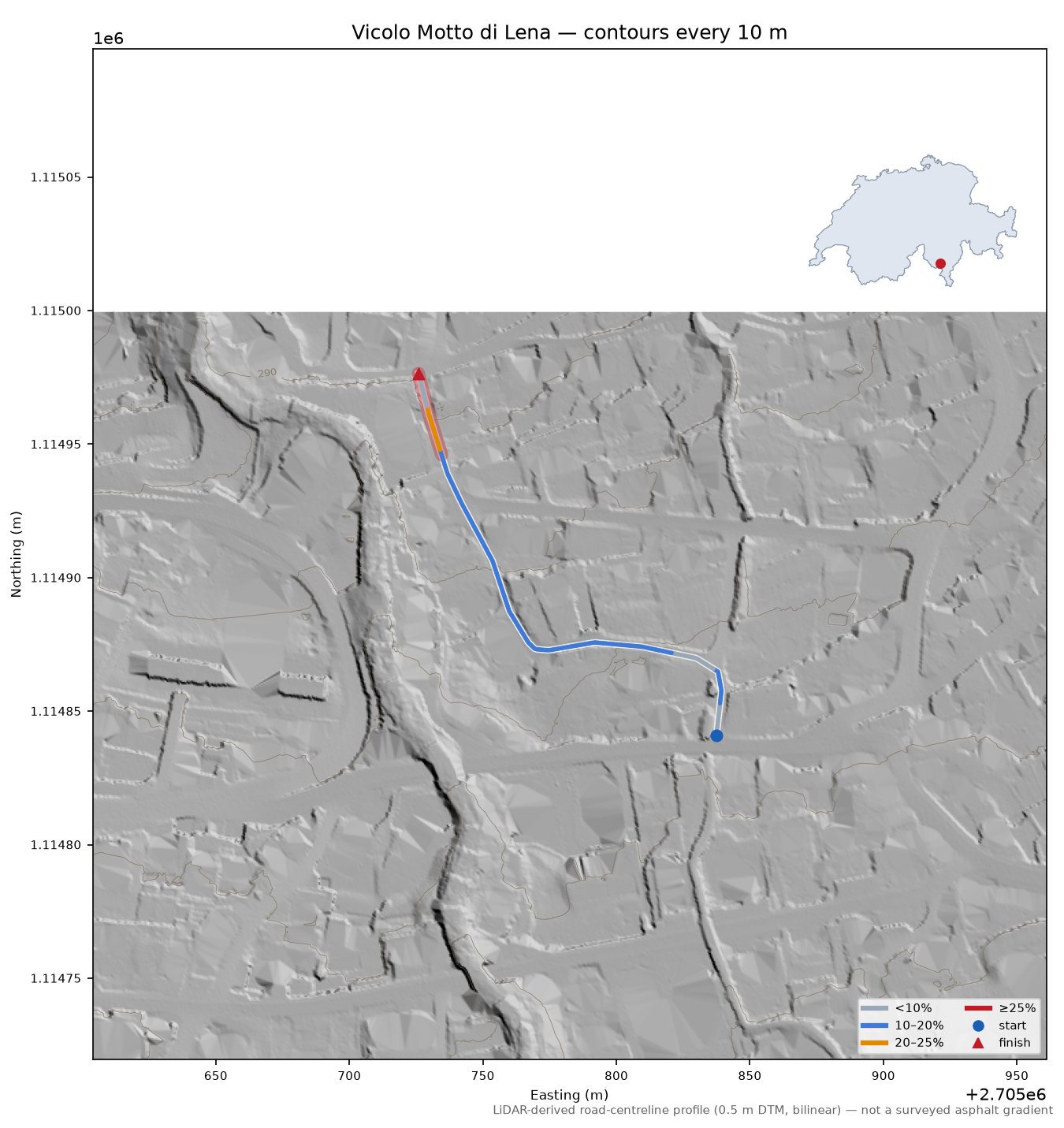 Vicolo Motto di Lena LiDAR hillshade map with contours