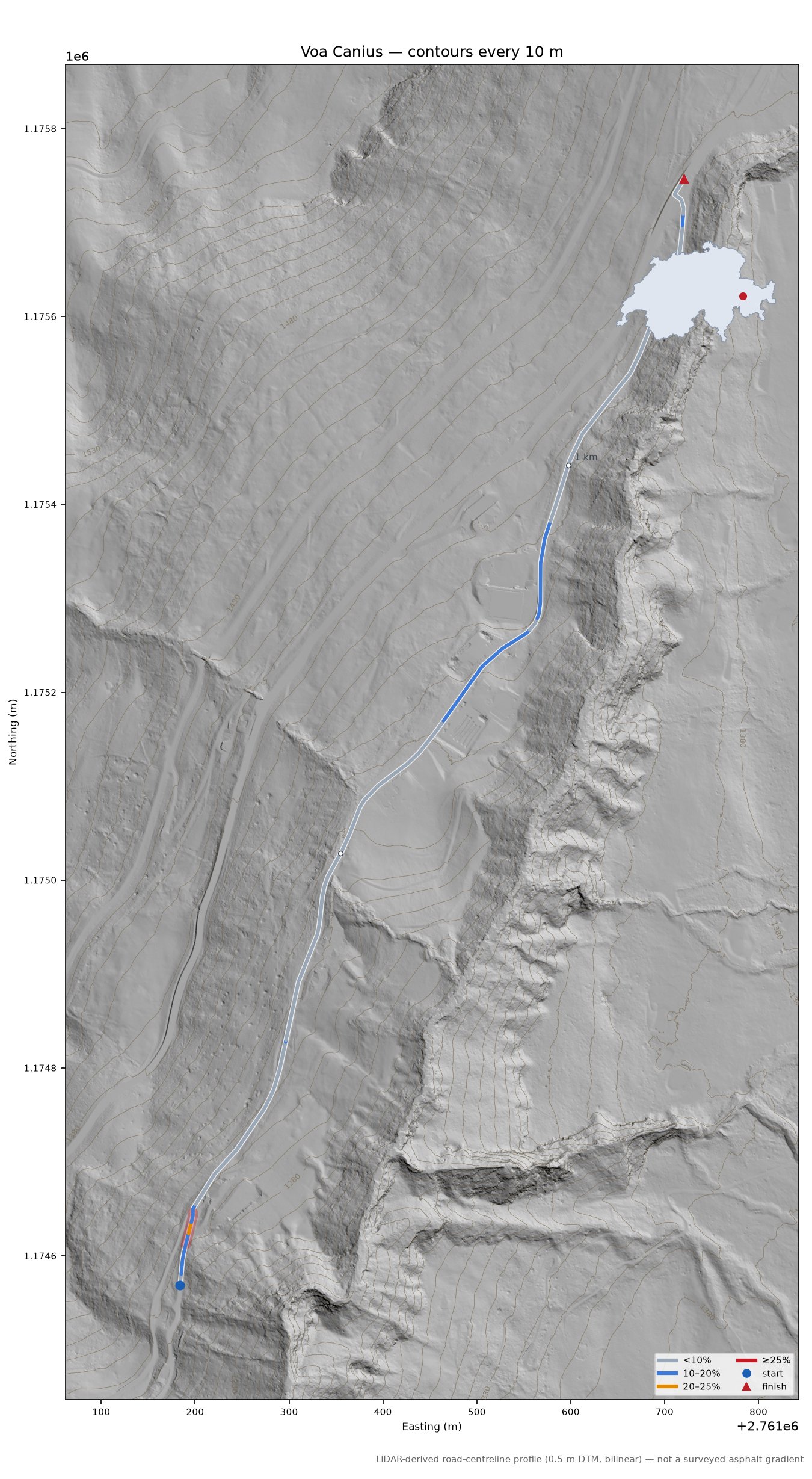 Voa Canius LiDAR hillshade map with contours
