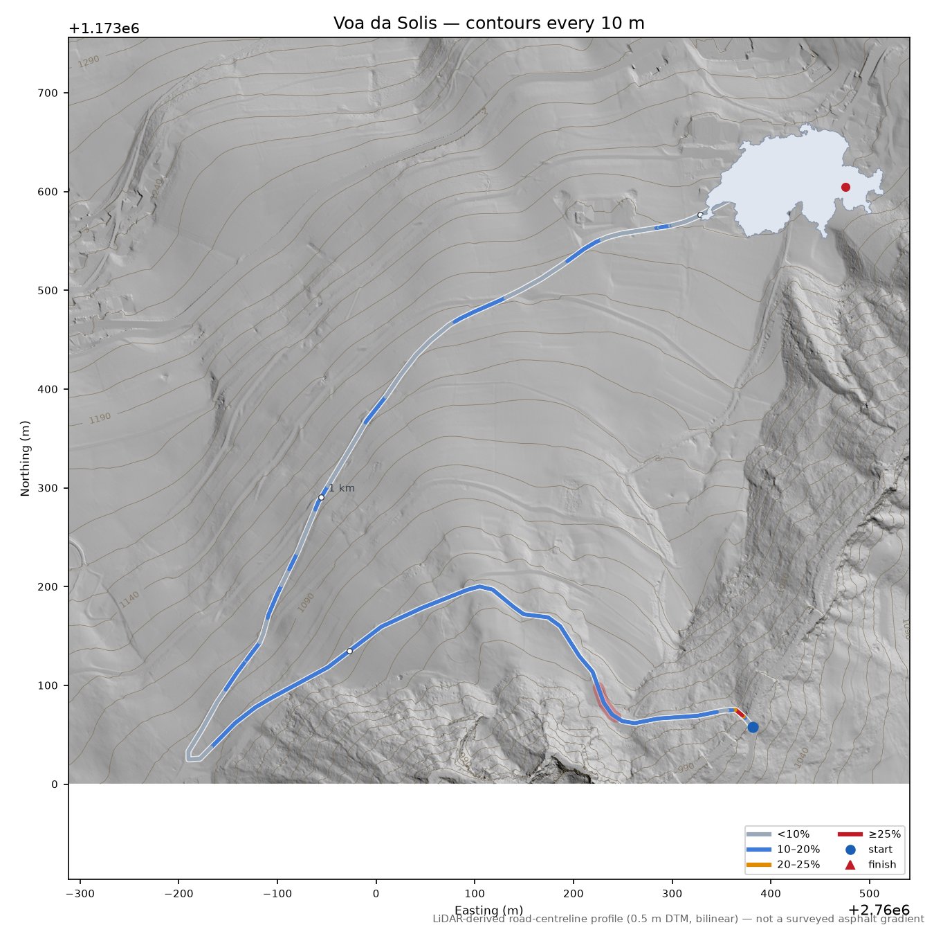 Voa da Solis LiDAR hillshade map with contours
